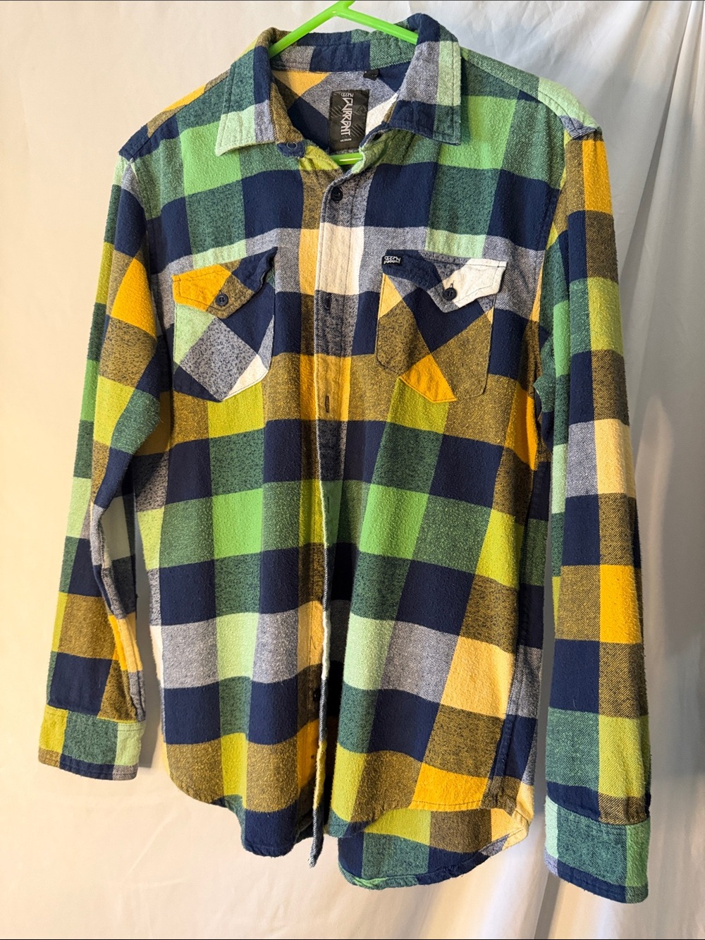 Ocean Current Plaid Button-Down Shirt Men Medium Green Navy Yellow Excellent